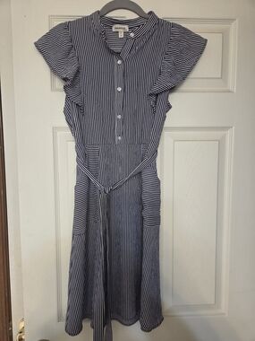 Monteau Navy and White Striped Midi Dress